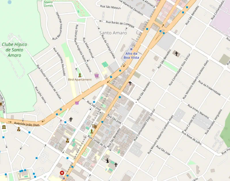 Mapa de Santo Amaro com a localização da clínica na Rua Nove de Julho, perto da estação Alto da Boa Vista